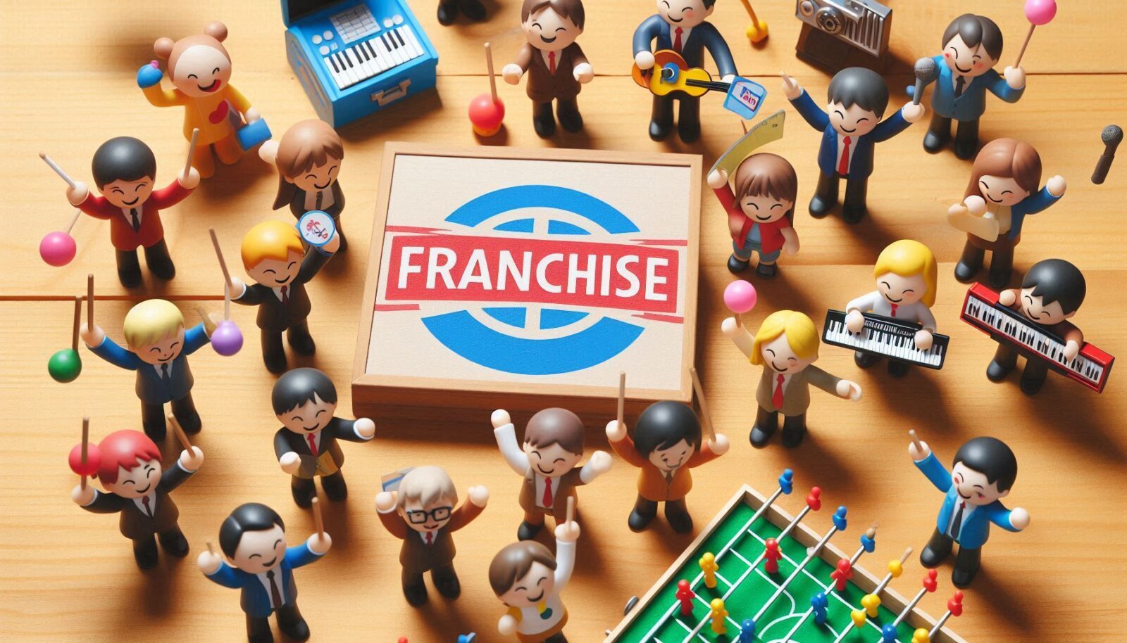 Menschen spielen und halten ein Schild mit der Aufschrift Franchise