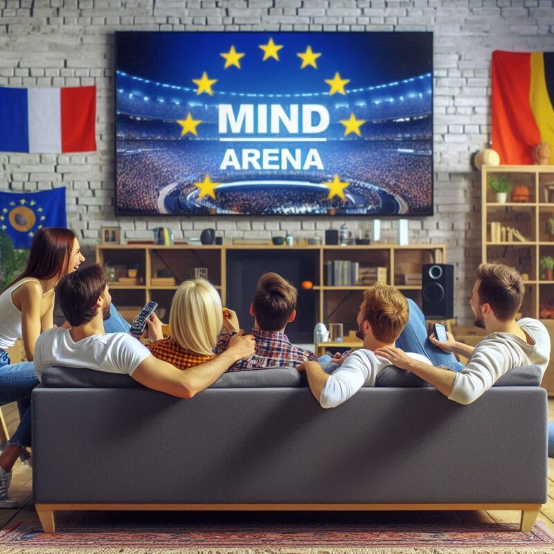 Europäische Freunde sitzen in einem Wohnzimmer und lachen Man sieht sie von hinten Sie sitzen vor